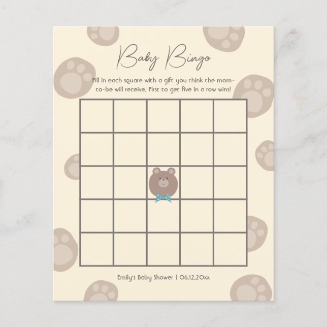 Papier Beary Cute Brown Teddy Bear Baby shower Bingo Jeu (Devant)