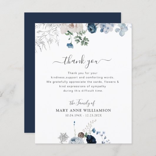 Papier beau bleu florals funérailles merci note (Devant / Derrière)