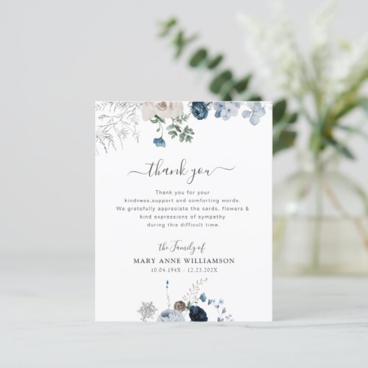 Papier beau bleu florals funérailles merci note (Debout devant)