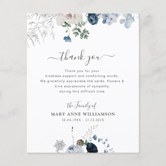 Papier beau bleu florals funérailles merci note (Devant)