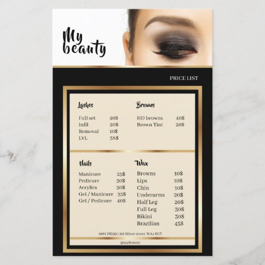 Papier Beauty Salon Black & Golden Frame Tarifs (Devant)
