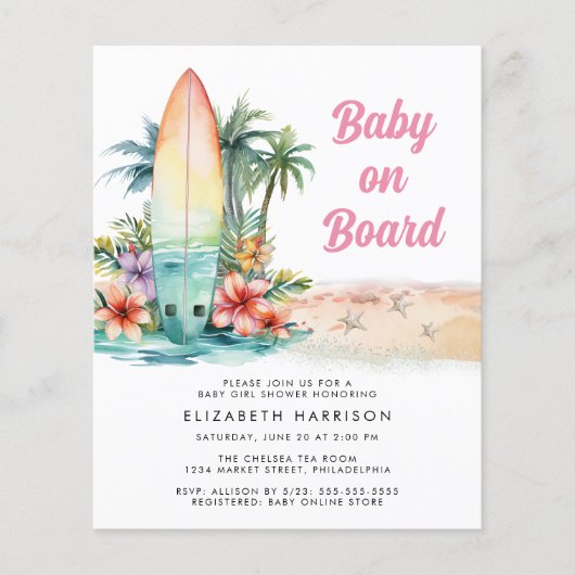 Papier Bébé À Bord De Plage Surf Bébé Fille Invitation do (Devant)