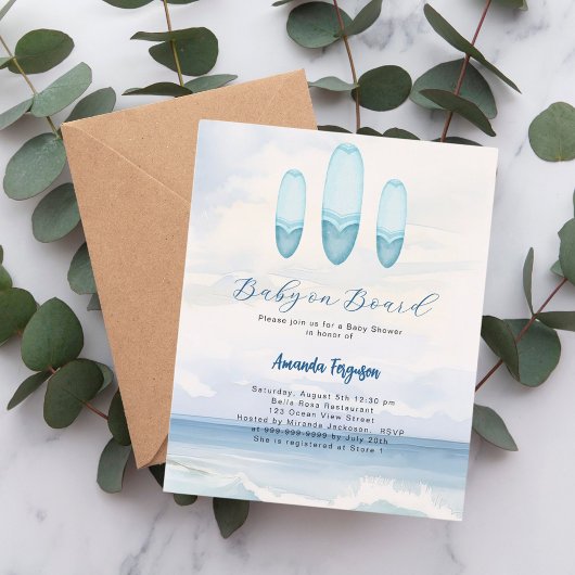 Papier Bébé à bord de planche de surf Baby shower invitat