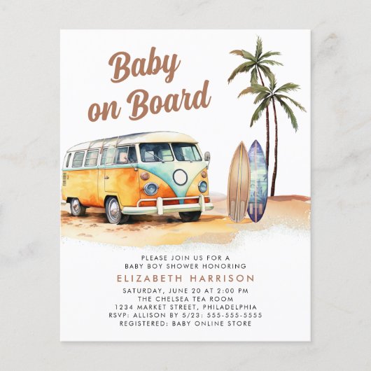 Papier Bébé À Bord Surf Plage Baby shower Invitation (Devant)