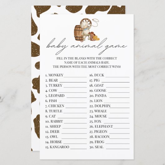 Papier Bébé Animal Jeu Petit Cowboy Rustique Western (Devant / Derrière)