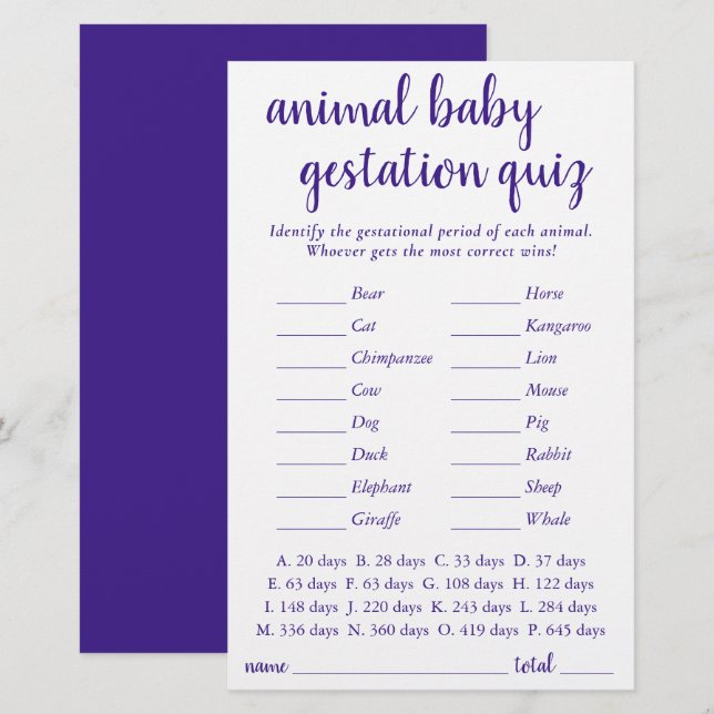 Papier Bébé animal simple | Jeu Royal Purple (Devant / Derrière)