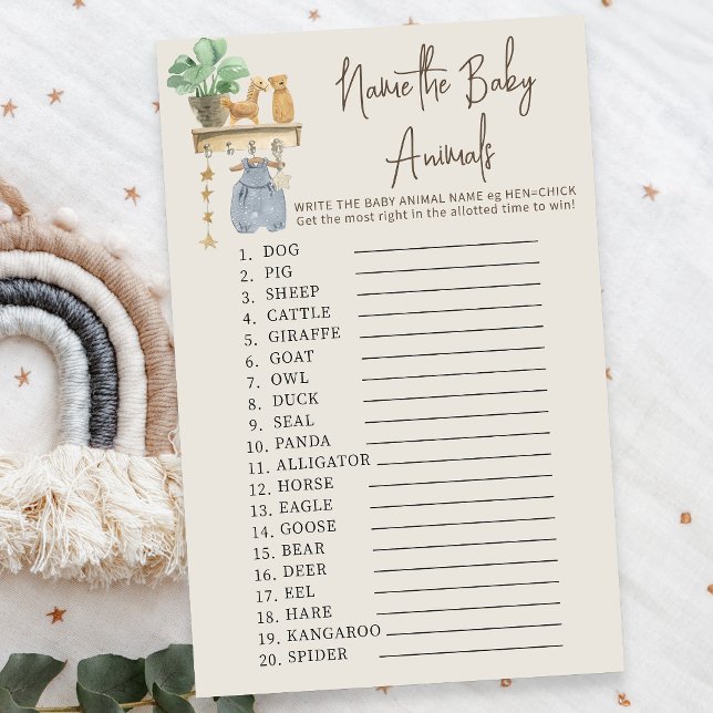 Papier Bébé Animaux Quiz Boho Baby Nursery Douche Jeu (Name the Baby Animals Baby Shower game - from my Boho Baby Nursery Collection)