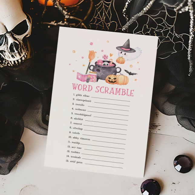 Papier Bébé brasse rose Halloween jeu de mots (Baby is Brewing Baby Shower Word Scramble Game)