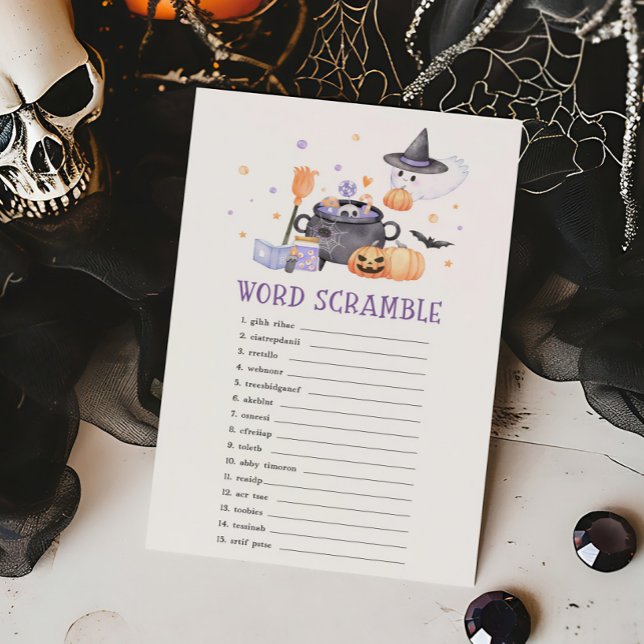 Papier Bébé brasser violet Halloween jeu de mots (Baby is Brewing Baby Shower Word Scramble Game)