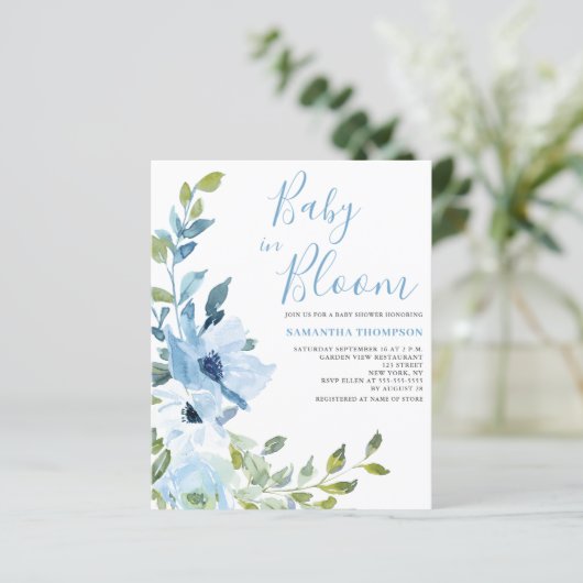 Papier Bébé Budget En Fleur Bleu Floral Douche Invitation (Debout devant)