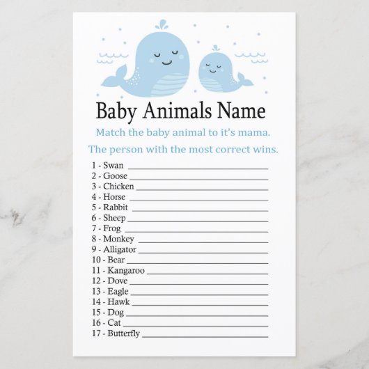 Papier Bébé de baleine mignonne Animaux Nom Jeu (Devant)