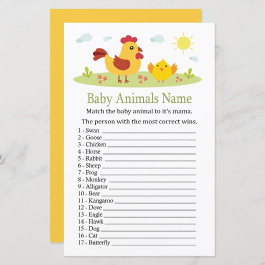 Papier Bébé de poulet Animaux Nom Jeu (Devant / Derrière)