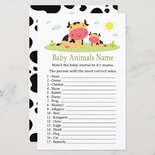 Papier Bébé de vache Animaux Nom Jeu (Devant / Derrière)