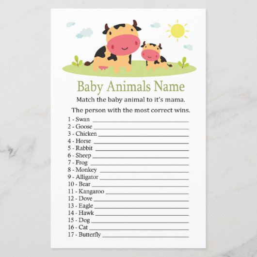 Papier Bébé de vache Animaux Nom Jeu (Devant)