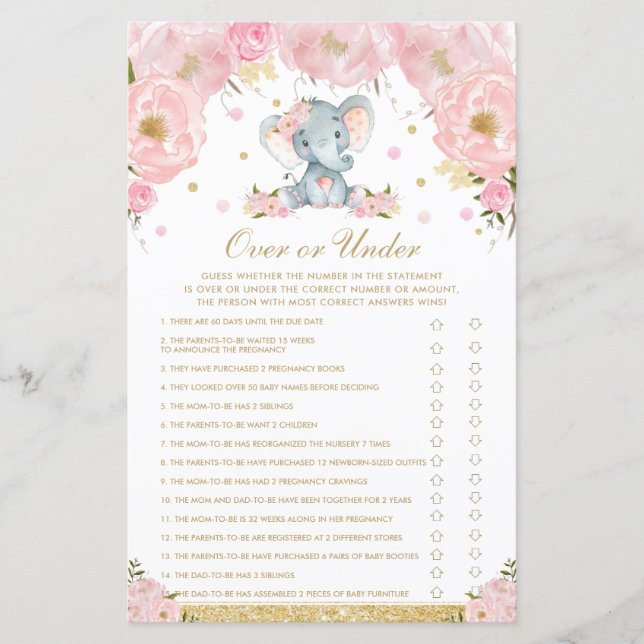 Papier Bébé Eléphant Floral Blush au-dessus ou en dessous (Devant)