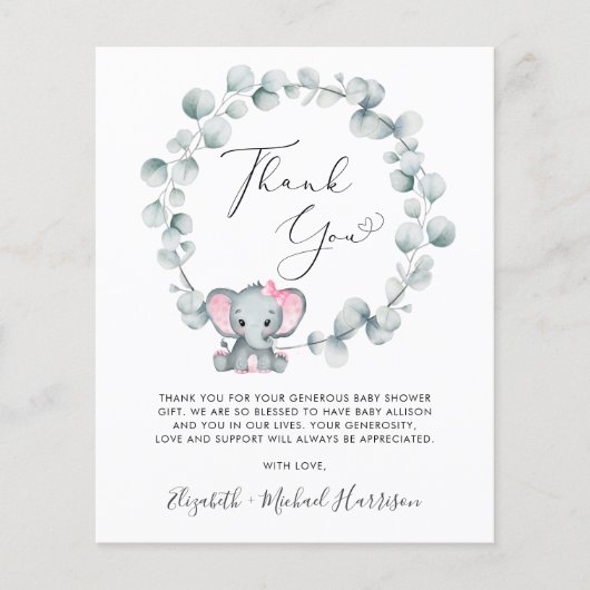 Papier Bébé Eléphant mignon fille Douche Merci (Devant)