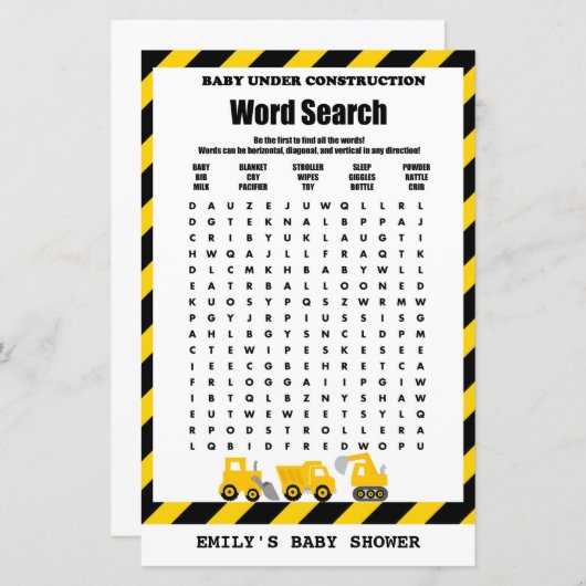 Papier Bébé en construction Baby shower Jeu IMPRIMÉ (Devant / Derrière)