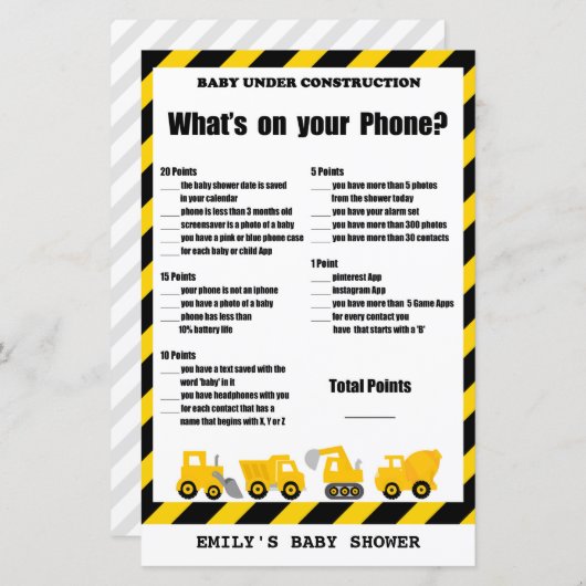Papier Bébé en construction Baby shower Jeu IMPRIMÉ (Devant / Derrière)