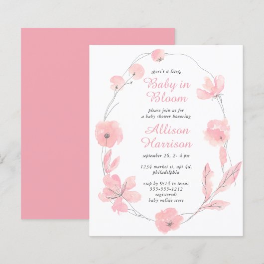 Papier Bébé en Fleur rose Floral Budget Douche Invitation (Devant / Derrière)