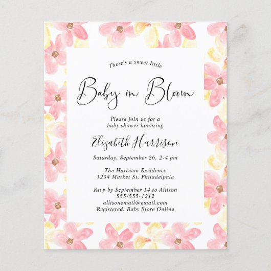 Papier Bébé en Fleur rose Floral Budget Douche Invitation (Devant)