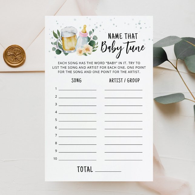 Papier Bébé en route, trouvez le nom de cette chanson de  (Beer and Floral Baby is Brewing Baby Shower Name That Baby Tune Song Game Card)