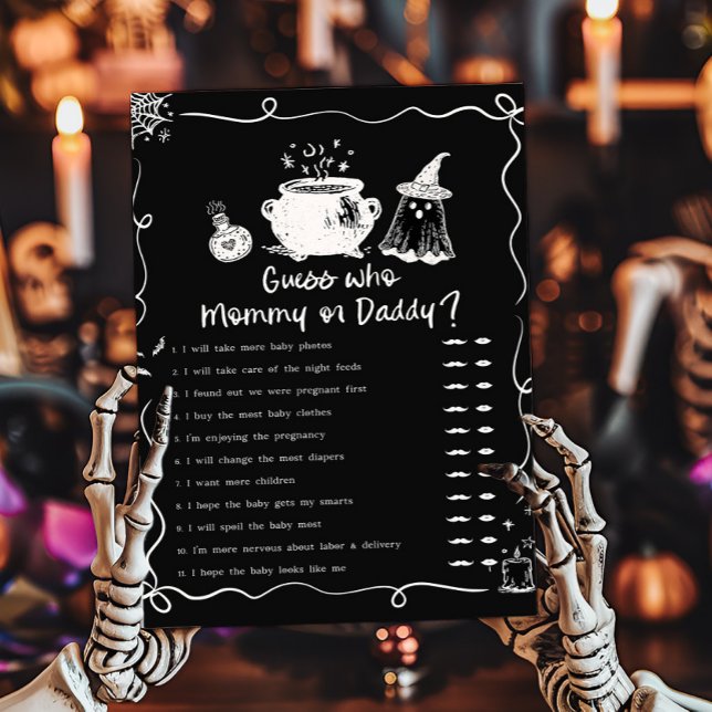Papier Bébé est en route pour Halloween Devinez qui est M (Hand Drawn A Baby is Brewing Baby Shower Guess who Mommy or Daddy Game)