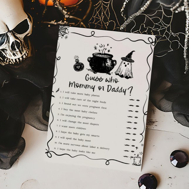 Papier Bébé Halloween se prépare Devinez Maman ou Papa (Whimsical Spooky Ghost Baby Shower Guess Who Mommy or Daddy Game)