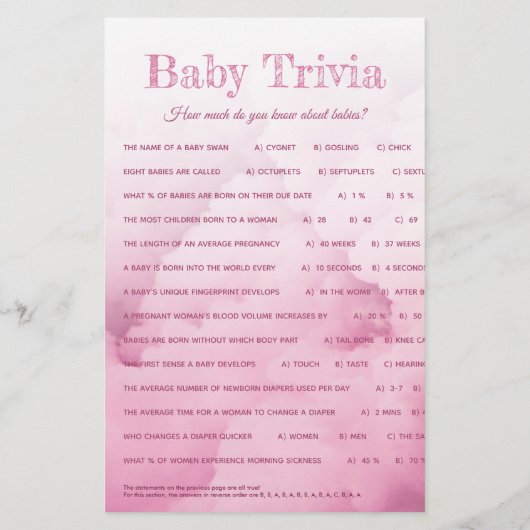 Papier Bébé Jeune Fille Douche Jeu Fact ou Fiction Trivia (Dos)
