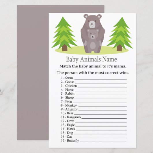 Papier Bébé mignon Animaux Nom Jeu (Devant / Derrière)
