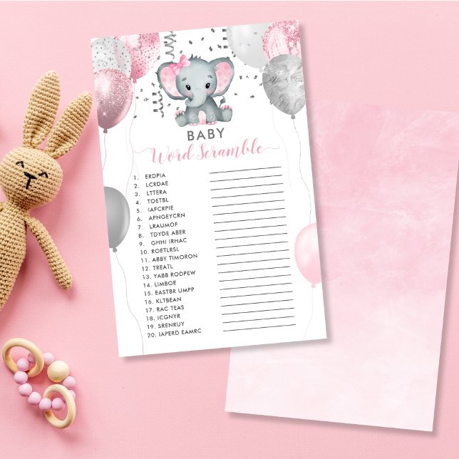 Papier Bébé Mot Bébé Fille Eléphant Douche Jeu (Baby Word Scramble Girl Elephant Shower Game)