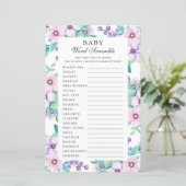 Papier Bébé mot brouille. Jeu de baby shower fleuri viole (Debout devant)