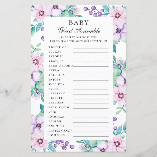 Papier Bébé mot brouille. Jeu de baby shower fleuri viole (Devant)
