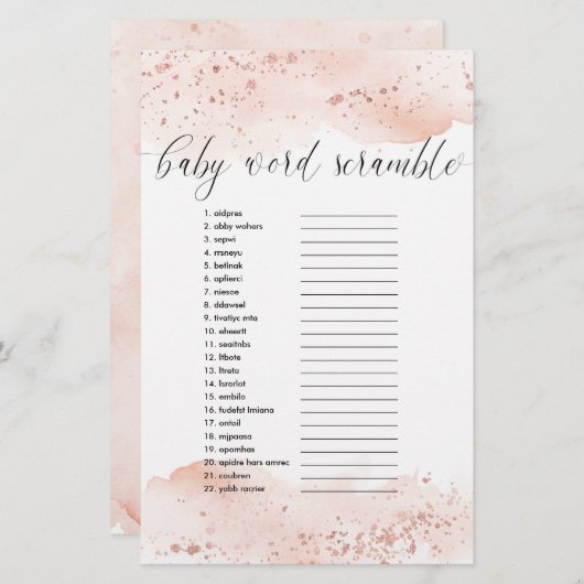 Papier Bébé mot scramble jeu aquarelle or rose (Devant / Derrière)
