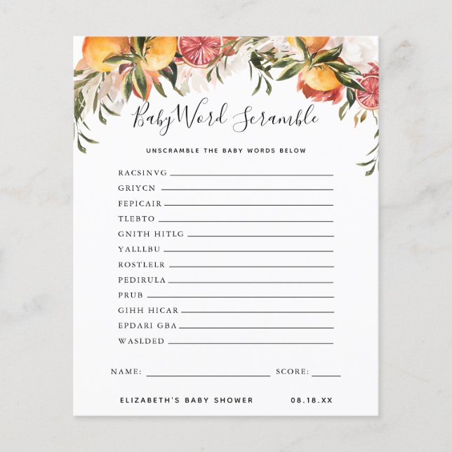 Papier Bébé Mot Scramble | Jeu Baby shower (Devant)