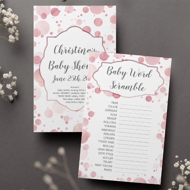Papier Bébé Mot Scramble Rose Pale Rose Jeu de Douche Or (Créateur téléchargé)