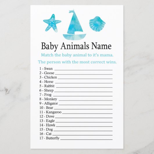 Papier Bébé Nautique Animaux Nom Jeu (Devant)
