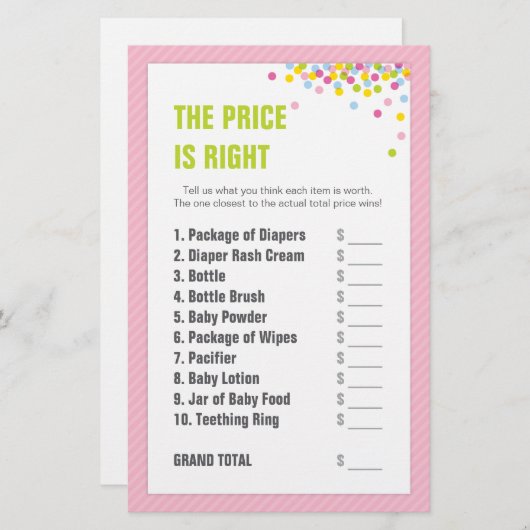 Papier Bébé Sprinkle / Baby shower Prix est correct - Ros (Devant / Derrière)