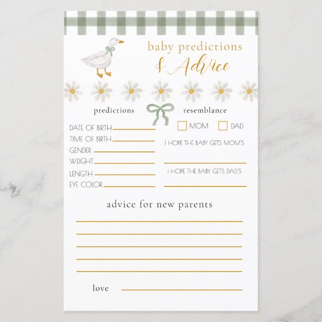 Papier Bébé Vichy Vert Silly Goose Prédiction de Conseils (Devant)