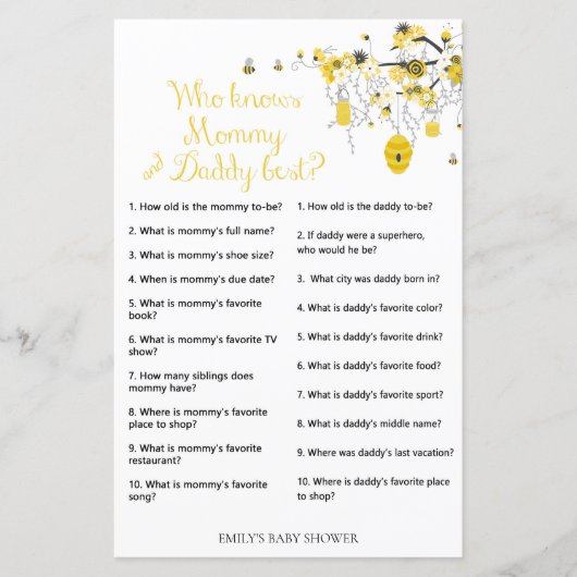 Papier Bee Baby shower Game - Qui connaît papa & Maman (Devant)