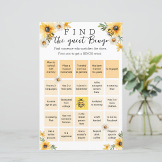Papier Bee Fleurs jaunes Baby shower jeu de bingo
