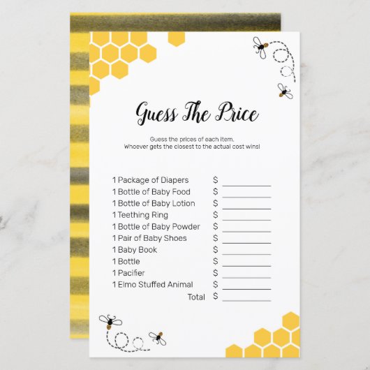 Papier Bee Watercolor devinez le prix Game (Devant / Derrière)
