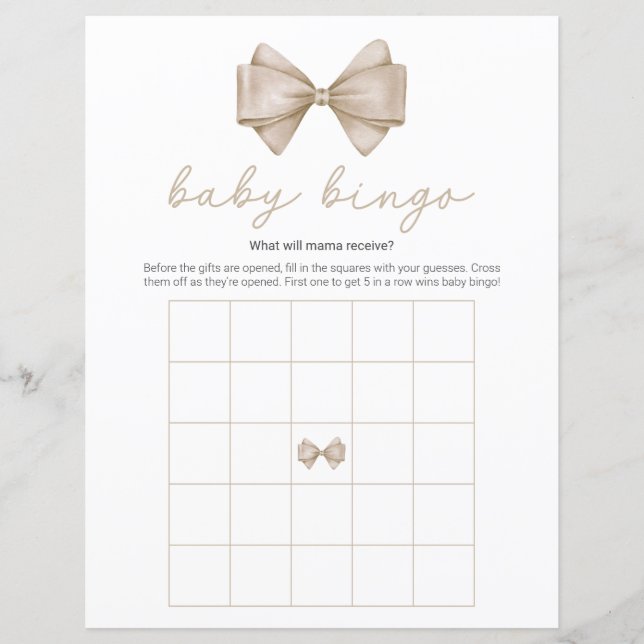 Papier Beige Bow Baby shower moderne Jeu de Bingo (Devant)