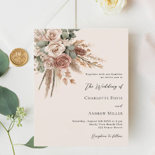 Papier Beige taupe rose pampas herbe faire-part de mariag