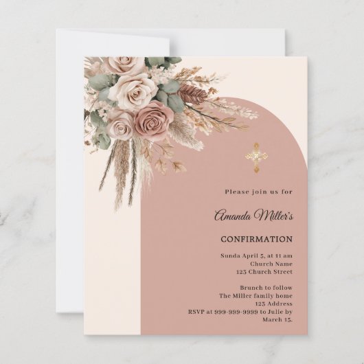 Papier Beige taupe roses arch Confirmation invitation (Devant)