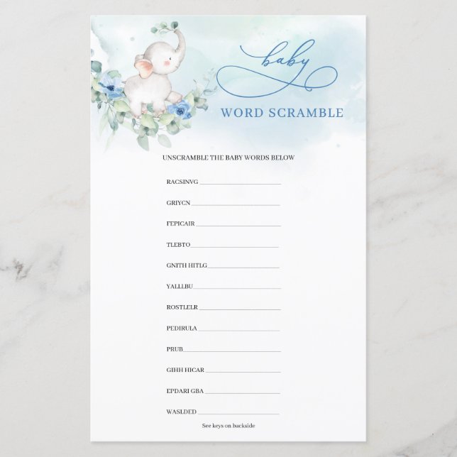 Papier Belle aquarelle éléphant bleu Bébé Mot Scramble (Devant)