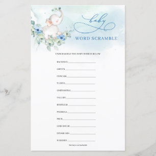 Papier Belle aquarelle éléphant bleu Bébé Mot Scramble