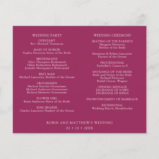 Papier Berry Blue Burgundy Mariage Calendrier et programm (Dos)
