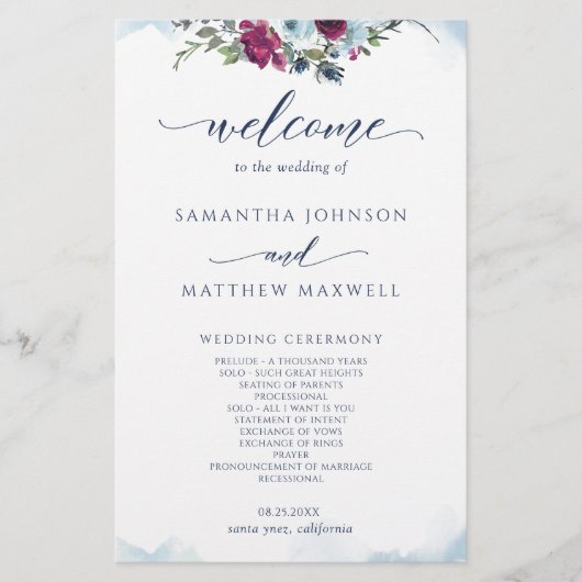 Papier Berry floral élégant, Mariage bleu et bordeaux (Devant)