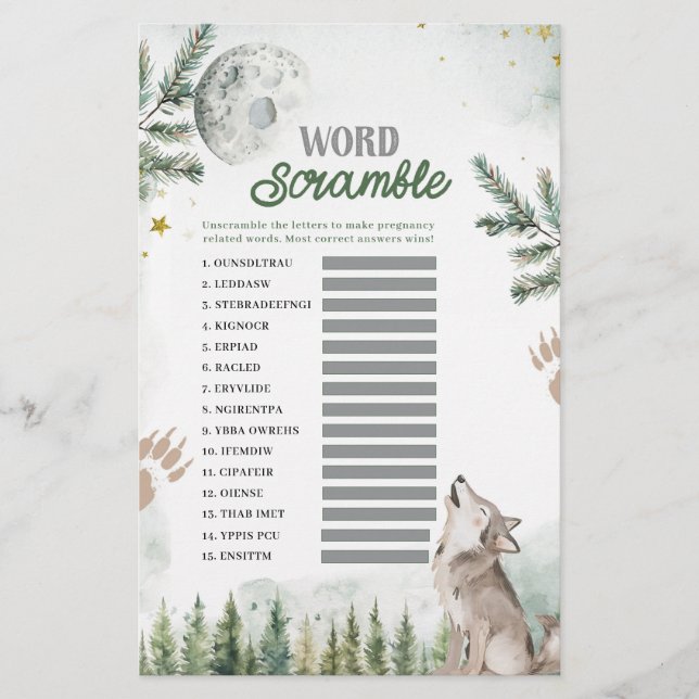 Papier Bienvenue dans le jeu Pack Forest Wolf Word Scramb (Devant)