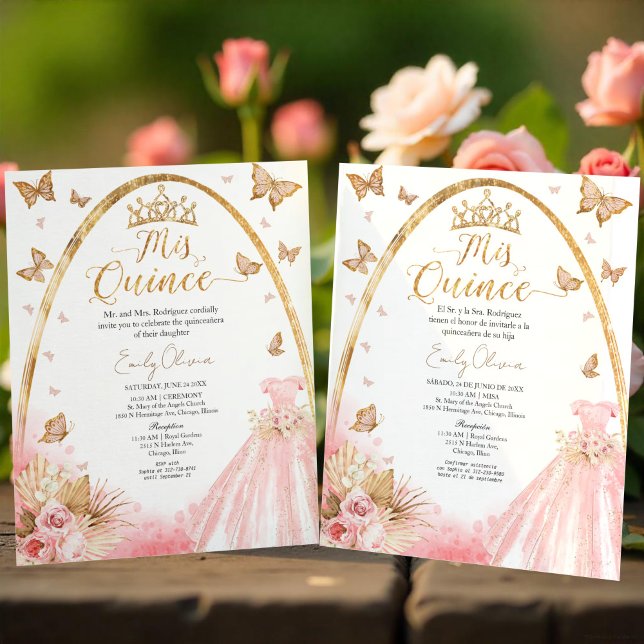 Papier Bilingue Rose Blush Quinceanera Budget Invitation (Créateur téléchargé)
